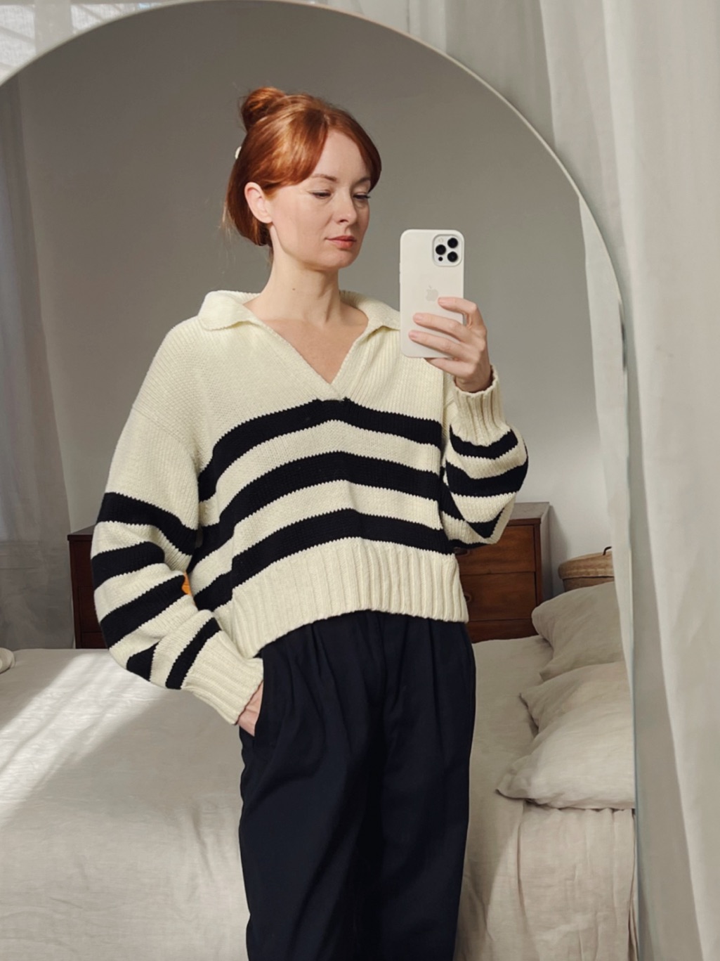 Ciao Lucia Striped V-Neck Collared Sweater Cream & Black